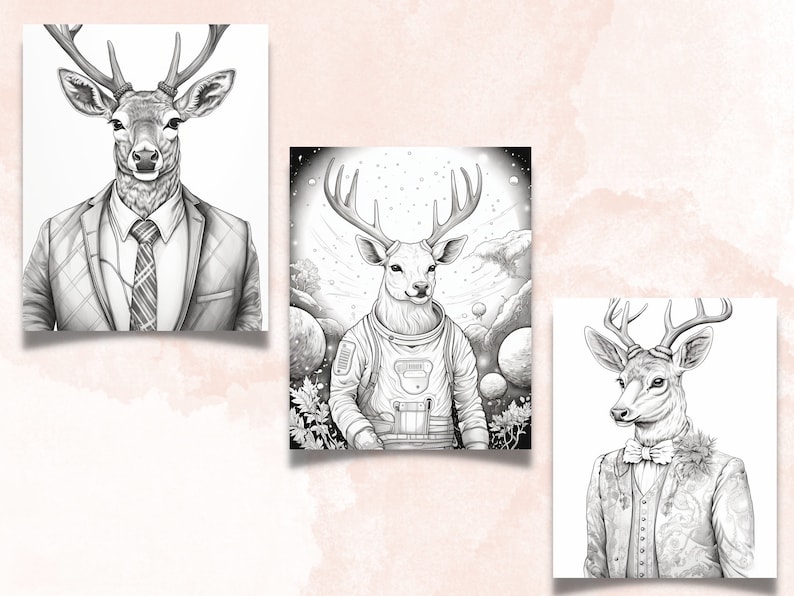 50 Fantasy Deer Coloring Book, Printable Secret Life of Deer Coloring Pages, Grayscale Reindeer Cute Animal Coloring Book for Adults and Kid