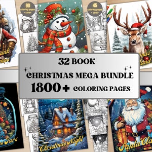 Puede incluir: Una colección de 32 libros para colorear con temas navideños. Los libros incluyen imágenes de Santa Claus, un muñeco de nieve, un ciervo, un pueblo navideño y frascos navideños. El texto en la portada dice "32 Book Christmas Mega Bundle 1800+ Coloring Pages".