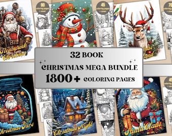 1800 Christmas Mega Shop Bundle Coloring Book, Printable Xmas Lifetime Access Coloring Pages, Grayscale Christmas Coloring Book for Adults