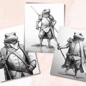 May include: Three black and white illustrations of a frog wearing different outfits and holding a spear. The frog is wearing a cloak, a tunic, and a helmet. The frog is standing on a rock.