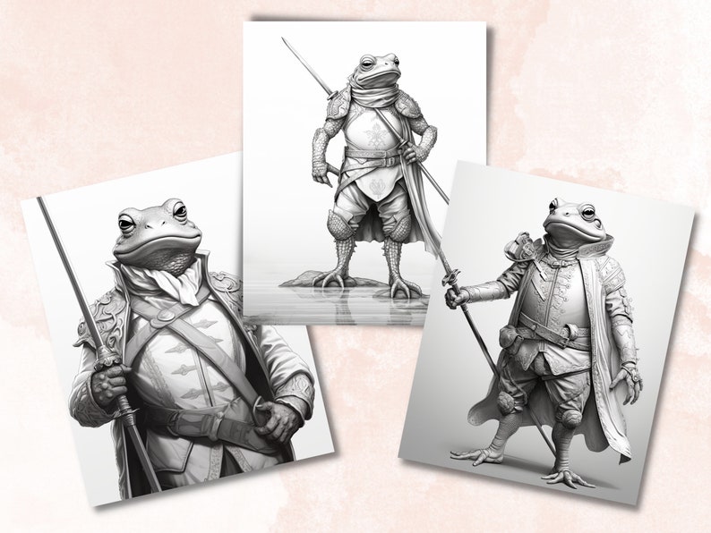 May include: Three black and white illustrations of a frog wearing different outfits and holding a spear. The frog is wearing a cloak, a tunic, and a helmet. The frog is standing on a rock.
