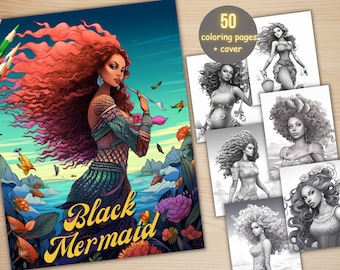 50 Black Mermaid Coloring Book, Printable Fantasy Afro Mermaids Coloring Pages, Grayscale Underwater Scenes Coloring Book for Adults Kids