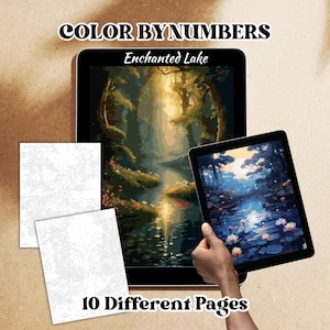 May include: A digital art kit with the text "COLOR BY NUMBERS" and "Enchanted Lake". The image shows a completed painting and a tablet displaying a similar image. The kit includes 10 different pages.