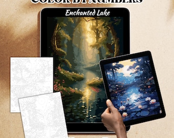 Enchanted Lake Color by Number Pages – Magical Nature Printable & Procreate Coloring Kit (Digital Download)