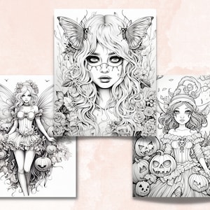 May include: Three black and white illustrations of women with wings and pumpkins. The first illustration is of a fairy with butterfly wings holding pumpkins. The second illustration is of a woman with butterfly wings and roses in her hair. The third illustration is of a woman with elf ears and a witch's hat holding pumpkins.