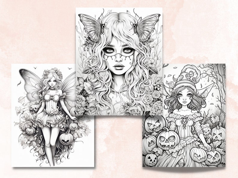 May include: Three black and white illustrations of women with wings and pumpkins. The first illustration is of a fairy with butterfly wings holding pumpkins. The second illustration is of a woman with butterfly wings and roses in her hair. The third illustration is of a woman with elf ears and a witch's hat holding pumpkins.