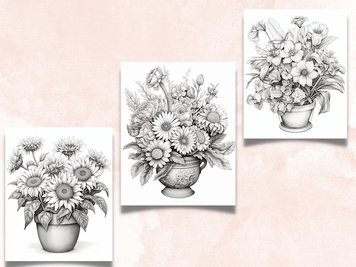 47 Potted Flowers Coloring Book, Printable PDF, Botanical Floral Plant ...