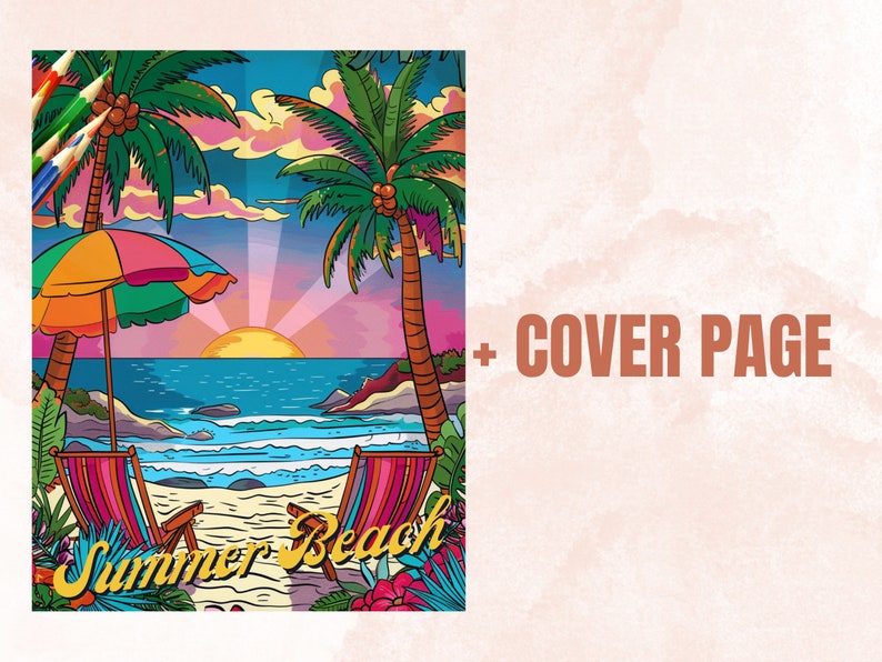 55 Summer Beach Coloring Book, Printable Summer Sea View Coloring Pages, Grayscale Tropical Vacation Landscape Coloring Book for Adults Kids
