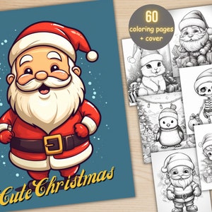 60 Cute Christmas Bundle Coloring Book, Printable Cartoon Xmas Santa Coloring Pages, Grayscale Christmas Coloring Book for Adults and Kids