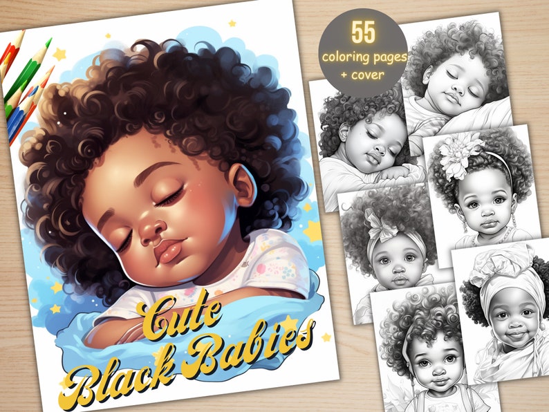 55 Cute Black Babies Coloring Book, Printable Sleeping Afro Baby Coloring Pages, Grayscale Black Melanin Coloring Book for Adults and Kids