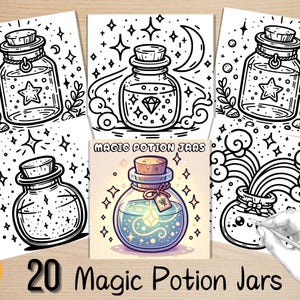 May include: A set of 20 printable coloring pages featuring magic potion jars with various designs. Each jar has a cork stopper and is filled with swirling liquid. The designs include stars, moons, rainbows, and other magical elements. The text "Magic Potion Jars" is included on the page.