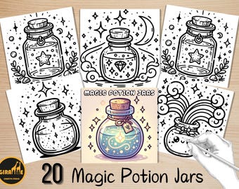 May include: A set of 20 printable coloring pages featuring magic potion jars with various designs. Each jar has a cork stopper and is filled with swirling liquid. The designs include stars, moons, rainbows, and other magical elements. The text "Magic Potion Jars" is included on the page.