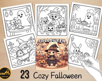 May include: A collection of 6 Halloween-themed coloring pages. The illustrations feature various characters like ghosts, raccoons, and bunnies, along with pumpkins and witch hats. The text "23 Cozy Falloween" is displayed at the bottom.