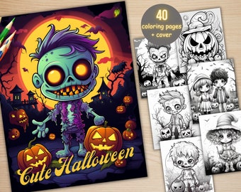 40 Cute Halloween Bundle Coloring Book, Printable Cute Creepy Pumpkin Coloring Pages, Grayscale Halloween Coloring Book for Adults and Kids
