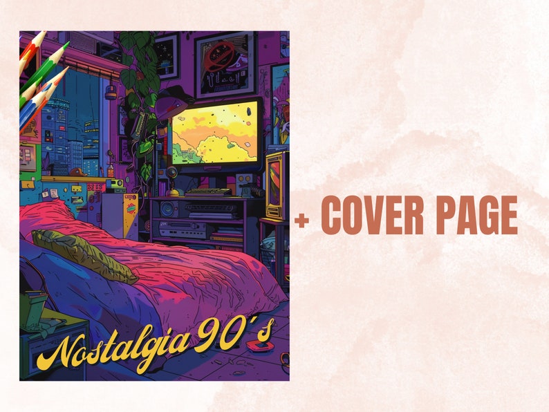 45 Nostalgia 90's Aesthetic Coloring Book, Printable PDF, Nostalgia Coloring Pages, Grayscale Vintage Scenes Coloring Book for Adults Kids