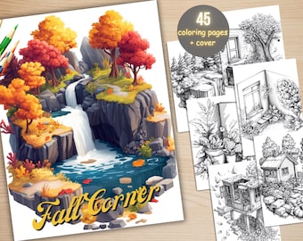 Könnte beinhalten: Eine Sammlung von Malvorlagen mit einer lebendigen Herbstszene mit Wasserfall und bunten Bäumen. Das Set enthält 45 Malvorlagen und ein Cover, perfekt für kreative Aktivitäten.
