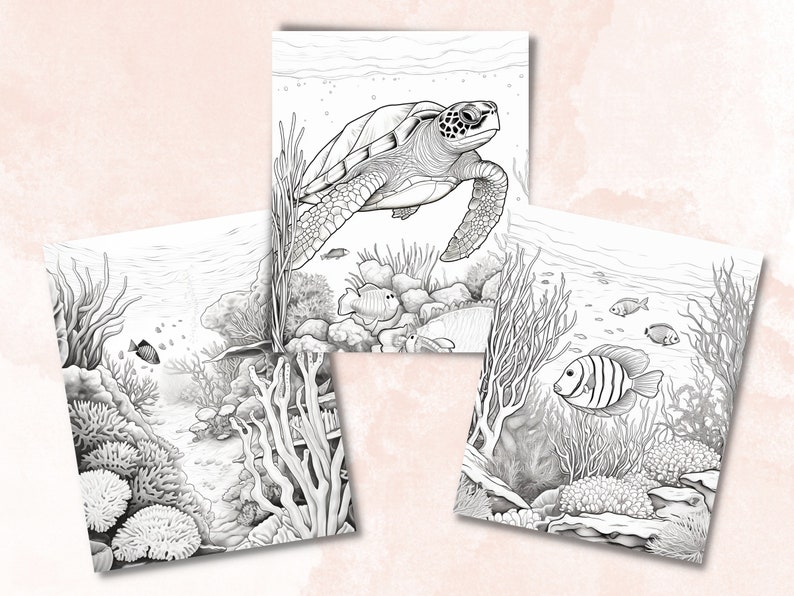 50 Enchanted Underwater Coloring Book, Printable Under the Sea Coloring Pages, Grayscale Ocean Life Scenes Coloring Book for Adults and Kids