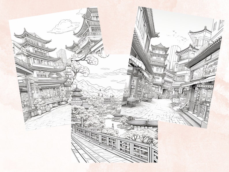 40 Seoul City Coloring Book, Printable PDF, Korean Cafe Scenes Coloring Pages, Street Landscape Grayscale Coloring Book for Adults and Kids