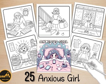 Anxious Girl Coloring Pages, Bold and Easy Coloring Book, Anxiety Girly Coloring, Relaxing Cozy Activity for Adult and Kids, Stress Relief