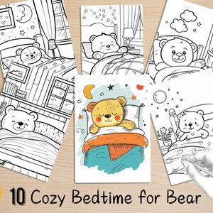 Cute And Cozy Easy Coloring Book, Kawaii Bear Bedtime Scenes Coloring Pages, Cozy Animals Coloring, Relaxing Activities for Adults and Kids
