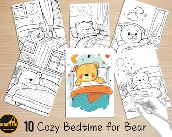 Cute And Cozy Easy Coloring Book, Kawaii Bear Bedtime Scenes Coloring Pages, Cozy Animals Coloring, Relaxing Activities for Adults and Kids