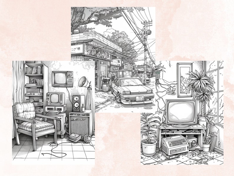 45 Nostalgia 90's Aesthetic Coloring Book, Printable PDF, Nostalgia Coloring Pages, Grayscale Vintage Scenes Coloring Book for Adults Kids