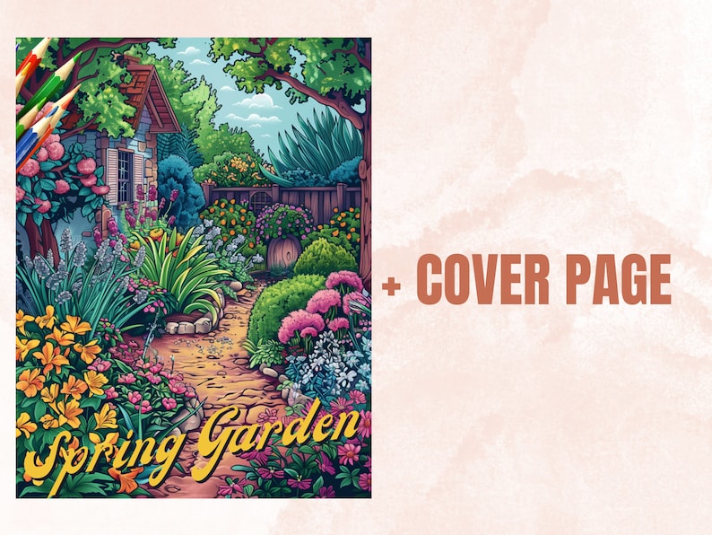 50 Spring Garden Coloring Book, Printable Floral Fairy Garden Coloring Pages, Grayscale Spring Flowers Forest Coloring Book for Adults Kids