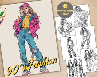 Livre de coloriage style mode des années 90, PDF imprimable, pages à colorier vintage mode femmes, livre de coloriage rétro en niveaux de gris pour adultes et enfants