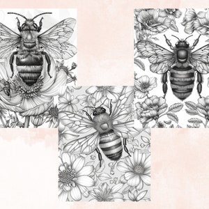 45 Spring Bee Coloring Book, Printable Floral Bee Coloring Pages, Grayscale Spring Flowers Insect Coloring Book for Adults and Kids