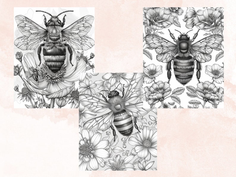 45 Spring Bee Coloring Book, Printable Floral Bee Coloring Pages, Grayscale Spring Flowers Insect Coloring Book for Adults and Kids