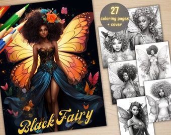 27 Fantasy Black Fairy Women Coloring Book, Printable PDF, Afro African Girls Coloring Pages, Grayscale Coloring Book for Adults and Kids