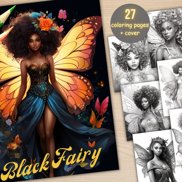 27 Fantasy Black Fairy Women Coloring Book, Printable PDF, Afro African Girls Coloring Pages, Grayscale Coloring Book for Adults and Kids