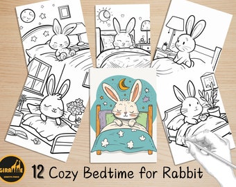 Lindo y acogedor libro para colorear, páginas para colorear de escenas de conejos kawaii antes de dormir, animales acogedores para colorear, actividad relajante para adultos y niños