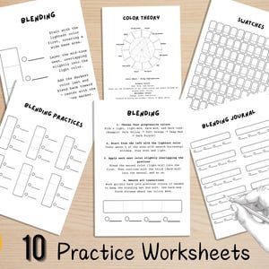 May include: A collection of 10 practice worksheets for blending techniques. The worksheets include instructions on color theory, blending practices, and a blending journal. The image also features a color wheel and a hand holding a pencil.