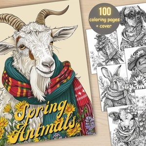 100 Spring Animals Coloring Book, Cute Easter Bunny Coloring Pages, Grayscale Cute Spring Chick and Sheep Coloring Book for Adults and Kids