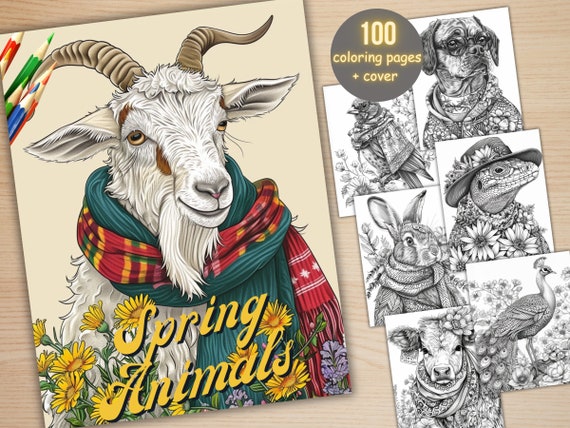 100 Spring Animals Coloring Book, Cute Easter Bunny Coloring Pages, Grayscale Cute Spring Chick and Sheep Coloring Book for Adults and Kids