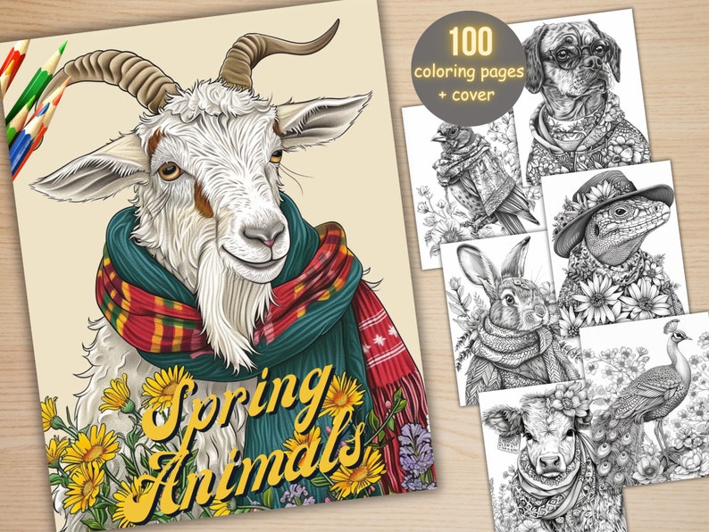100 Spring Animals Coloring Book, Cute Easter Bunny Coloring Pages, Grayscale Cute Spring Chick and Sheep Coloring Book for Adults and Kids