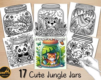 May include: A set of 17 black and white coloring pages featuring cute jungle animals inside glass jars. The title "Jungle Jars" is at the top of the page.