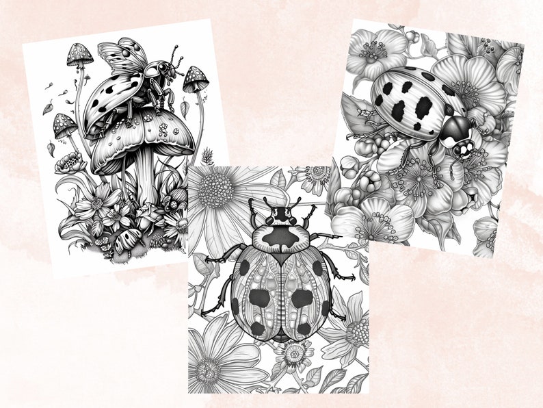 40 Spring Ladybugs Coloring Book, Printable Floral Ladybirds Coloring Pages, Grayscale Spring Flowers Insect Coloring Book for Adults Kids