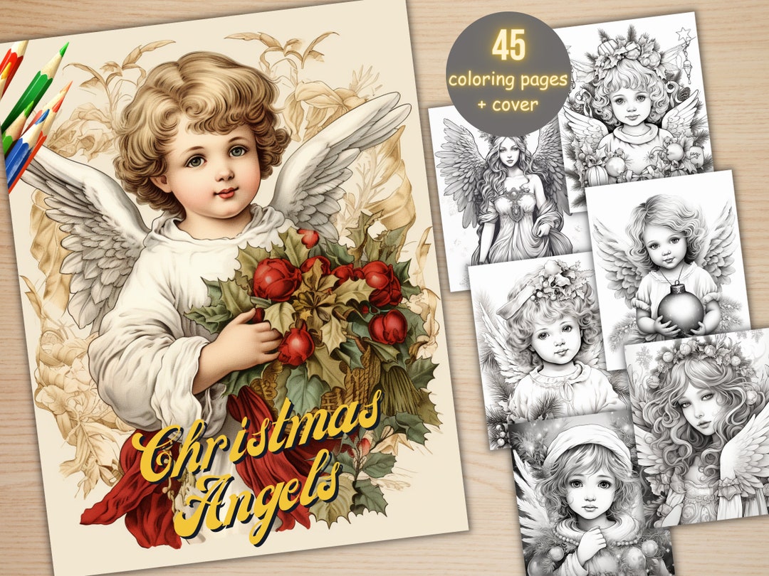 45 Christmas Angel Coloring Book, Printable Xmas Noel Little Angels