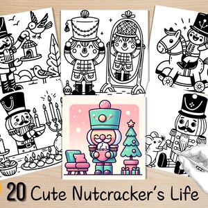 May include: A set of 10 black and white coloring pages featuring cute nutcracker illustrations. The nutcrackers are depicted in various activities, such as playing the trumpet, riding a horse, and holding a candle. The coloring pages are perfect for children of all ages.