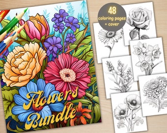 48 Realistic Flowers Collection Coloring Book, Printable PDF, Flower Bundle Coloring Pages, Grayscale Coloring Book for Adults and Kids