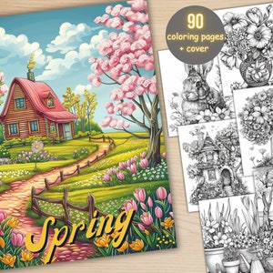 90 Spring Bundle Coloring Book, Printable Botanical Garden Scenes Coloring Pages, Grayscale Spring Landscape Coloring Book for Adults Kids