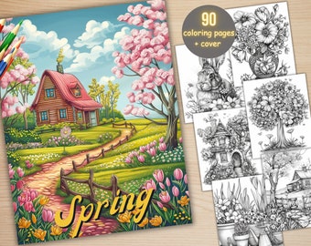 90 Spring Bundle Coloring Book, Printable Botanical Garden Scenes Coloring Pages, Grayscale Spring Landscape Coloring Book for Adults Kids