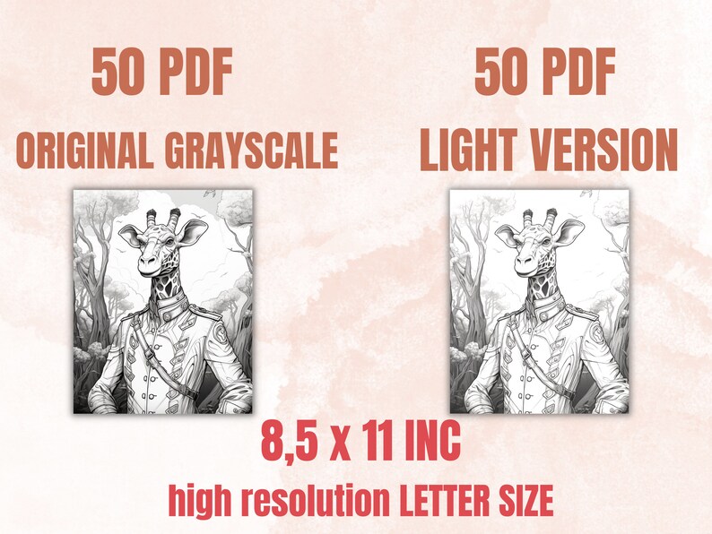 50 Fantasy Giraffe Coloring Book, Printable Secret Life of Giraffe Coloring Pages, Grayscale Cute Animal Coloring Book for Adults and Kids