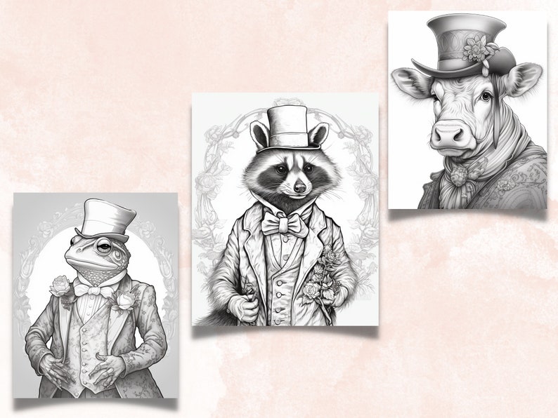 65 Victorian Animals Coloring Book, Printable Fairytale Animal Coloring Pages, Grayscale Cute Victorian Coloring Book for Adults and Kids