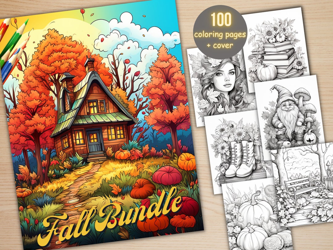 100 Fall Bundle Coloring Book Printable Fall Pumpkin Scenes