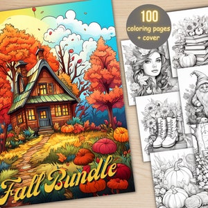 100 Fall Bundle Coloring Book, Printable Fall Pumpkin Scenes Coloring Pages, Grayscale Autumn Landscape Coloring Book for Adults and Kids