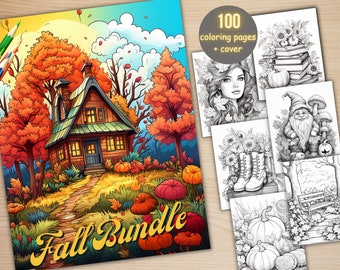 100 Fall Bundle Coloring Book, Printable Fall Pumpkin Scenes Coloring Pages, Grayscale Autumn Landscape Coloring Book for Adults and Kids