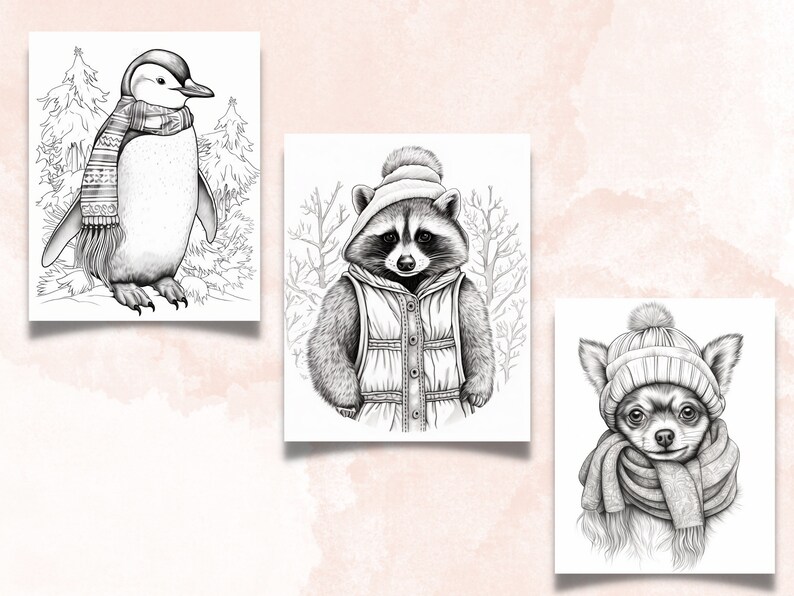 70 Winter Animals Coloring Book, Printable Winter Cutties Coloring Pages, Grayscale Cute Winter Woodland Coloring Book for Adults and Kids
